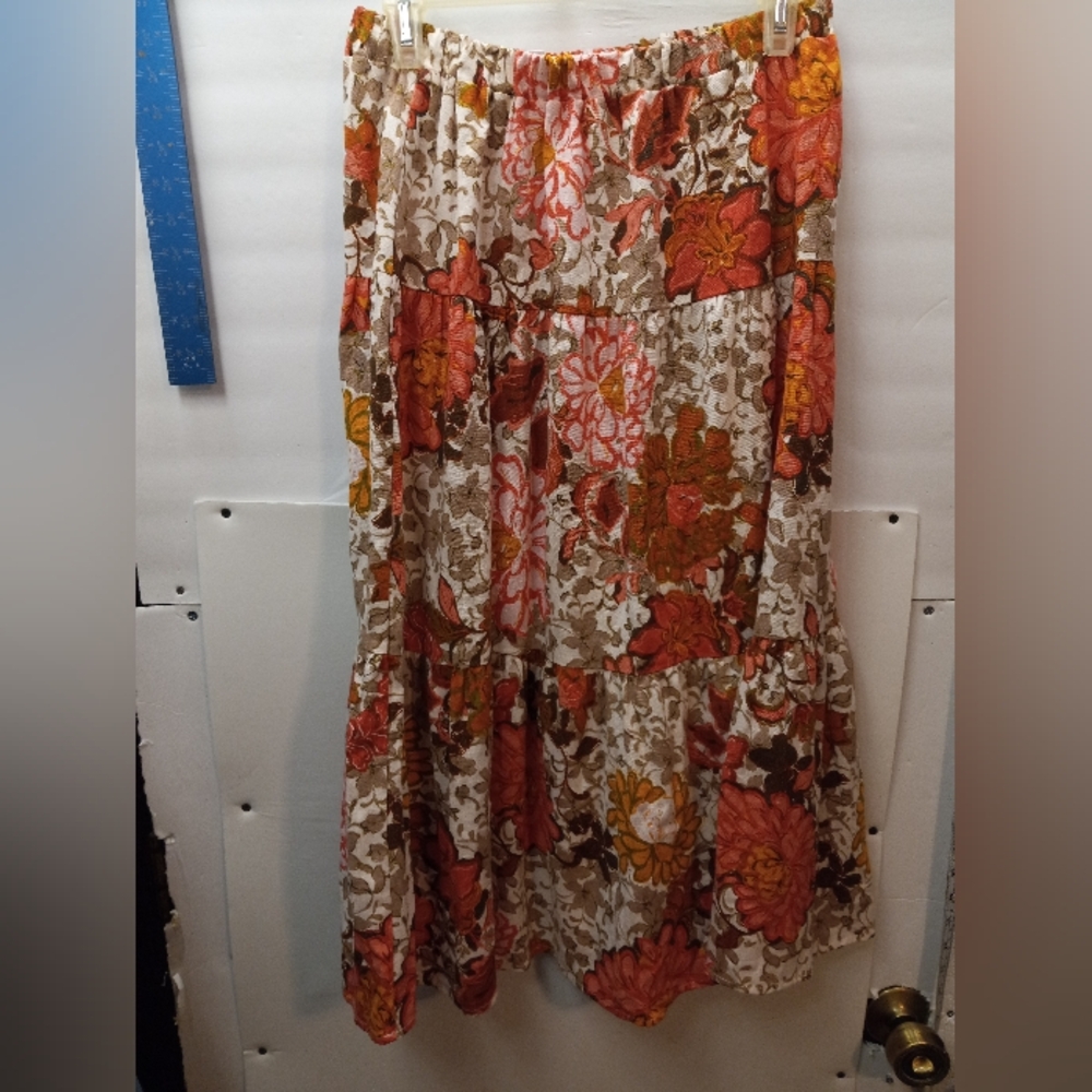Single Thread Tiered Floral 55% Linen Elastic Cottagecore Maxi Skirt Boho Retro
